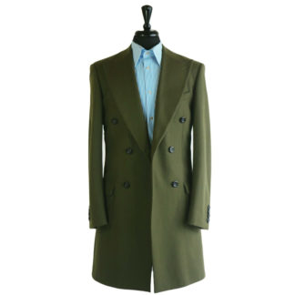 Overcoats -Jade Forest: a jade green knee length over coat on a body form with a blue pinstriped shit on a white background